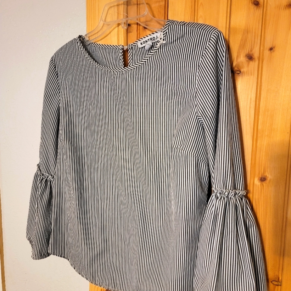 Shirt, dressy, grey, and white striped